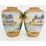 PAIR OF NORITAKE VASES the baluster vases with matching hand painted lake and landscape scenes, with