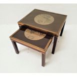 NEST OF TWO MAHOGANY OCCASIONAL TABLES with map decoration to the square tops, with brass banding,