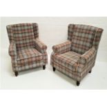 PAIR OF SHETLAND WING BACK ARMCHAIRS covered in tartan, with padded backs and seat and scroll