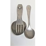 WWII GERMAN NAZI WEHRMACHT FOLDING SPOON AND FORK in aluminium, marked with the eagle and