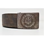 GERMAN BELT BUCKLE marked Gott Mitt Uns around an eagle and swastika on an original leather belt,