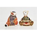 TWO ROYAL CROWN DERBY PAPERWEIGHTS both with buttons, Crummer Bear, 10.5cm high and a seated bear,