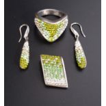 SUITE OF RHINESTONE SET SILVER JEWELLERY comprising a pair of drop earrings, a ring and and pendant,