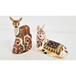 TWO ROYAL CROWN DERBY PAPERWEIGHTS both with buttons, a Fawn, 13.5cm high, and a recumbent donkey,