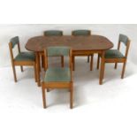 OAK SHAPED TOP DINING TABLE standing on turned supports, 152cm long; together with five beech framed