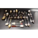 SELECTION OF SILVER PLATED AND OTHER SPOONS including two sugar sifting spoons; various souvenir and