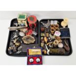 TWO TRAYS OF MIXED COLLECTABLES including six horn napkin rings, pipe, hip flask, Zippo style