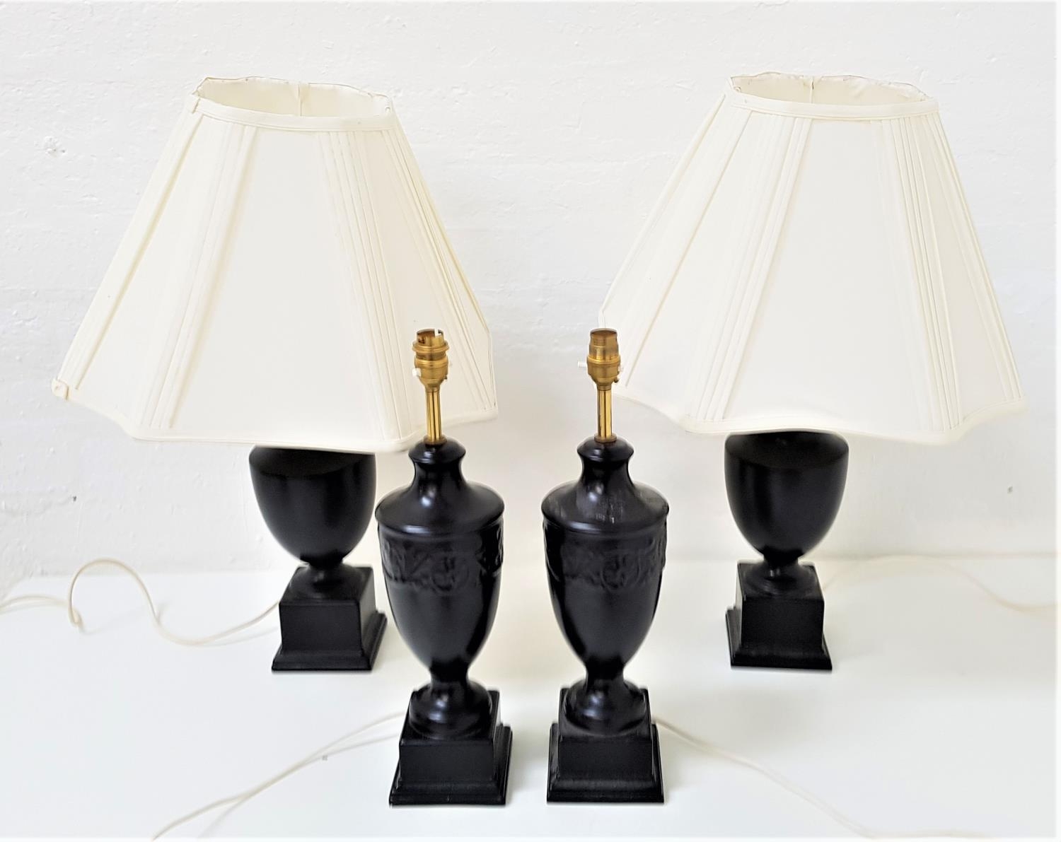 PAIR OF WEDGWOOD FOR JANE CHURCHILL TABLE LAMPS of urn shape on a plinth base, with shaped off white