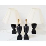 PAIR OF WEDGWOOD FOR JANE CHURCHILL TABLE LAMPS of urn shape on a plinth base, with shaped off white