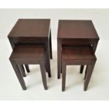 TWO PAIRS OF TEAK OCCASIONAL TABLES all with square tops, standing on shaped supports, 64xm wide