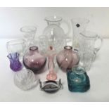 SELECTION OF CRYSTAL AND GLASS WARE including a pair of Cathness vases in purple with swirl