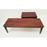 TWO MAHOGANY AND CROSSBANDED OCCASIONAL TABLES with oblong moulded tops above a carved frieze,