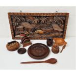 SELECTION OF CARVED WOODEN ITEMS including a quaich, circular walnut carved plate, banksia nut,