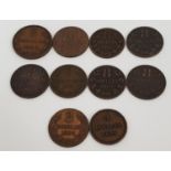 SELECTION OF TEN GUERNSESEY DOUBLES COINS comprising; 1830 4 doubles, 1834, 1864, 1874, 1885,