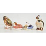 FOUR ROYAL CROWN DERBY PAPERWEIGHTS all with buttons, Puffin, 12cm high, Kingfisher, 11cm high,