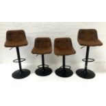 SET OF FOUR ADJUSTABLE BAR STOOLS with button detail to the seats and low back rests, on