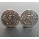 TWO REPLICA AD 193-211 SEPTIMIUS SEVERUS AR DENARIUS SEVERVS PIVS AVG BRIT, laureate head right /