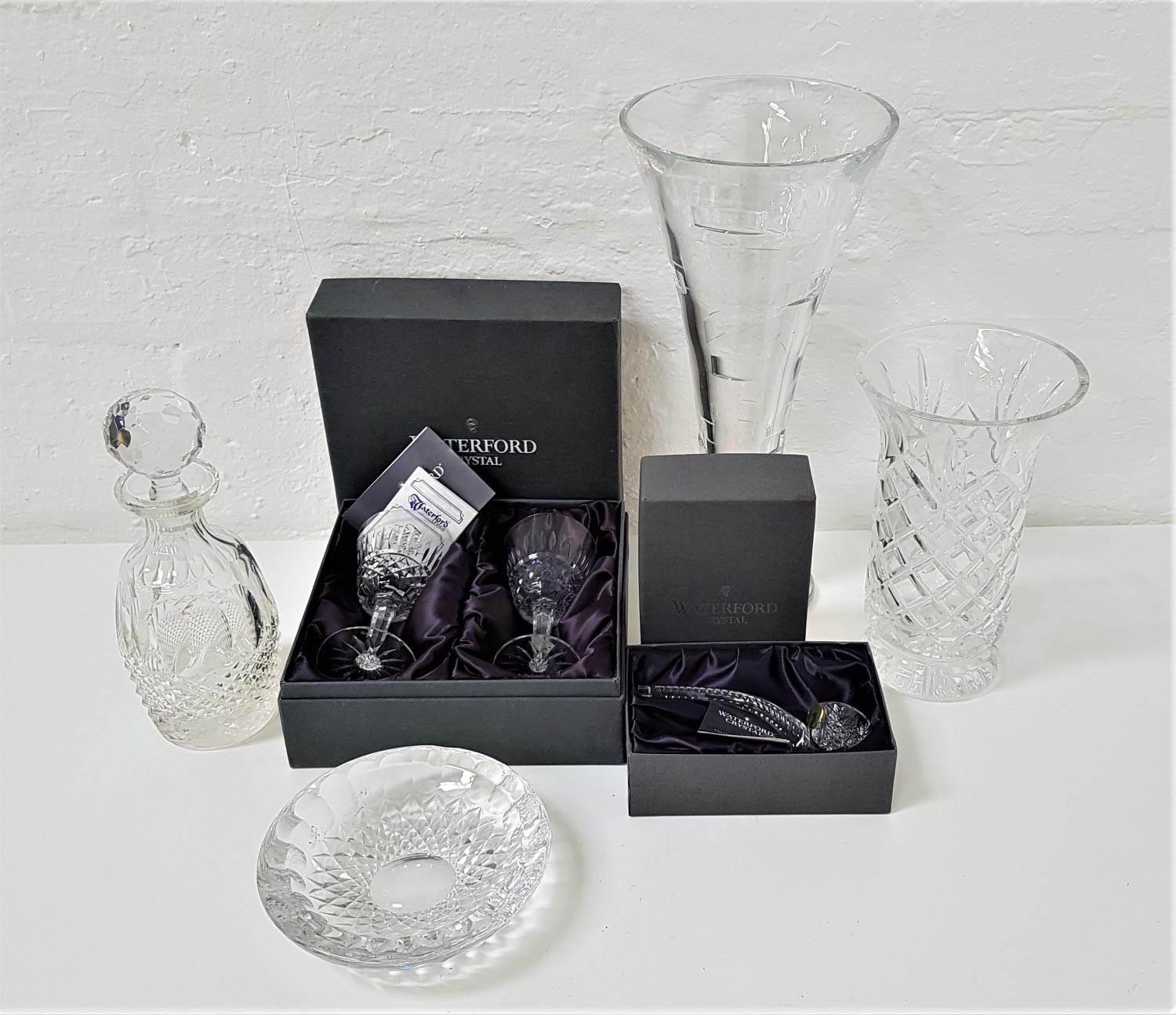 SELECTION OF WATERFORD CRYSTAL including an Indine Geo vase, 39.5cm high, decanter and stopper, 26.