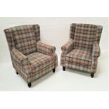 PAIR OF SHETLAND WING BACK ARMCHAIRS covered in tartan, with padded backs and seats and scroll arms,
