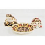 TWO ROYAL CROWN DERBY PAPERWEIGHTS both with buttons, Frog, 7.5cm high and Tortoise, 12cm long;