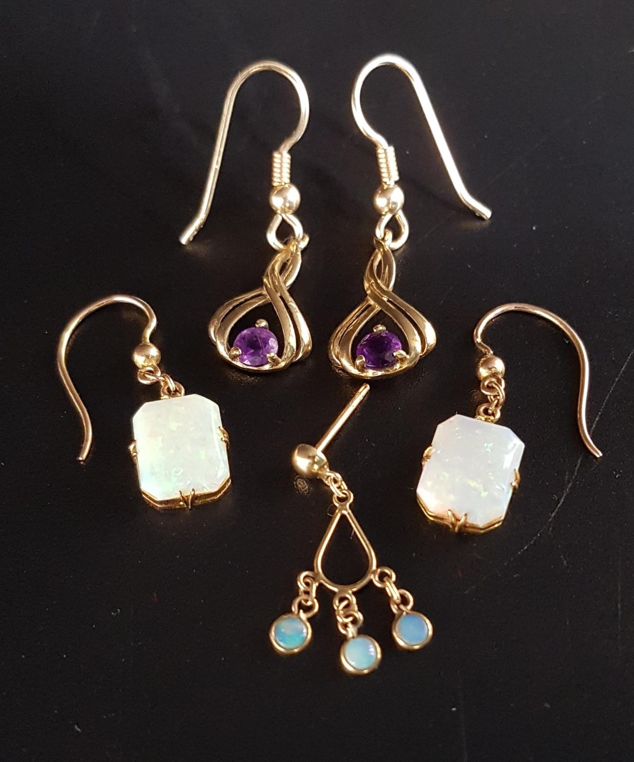 TWO PAIRS OF GEM SET DROP EARRINGS one opal pair and the other set with amethyst, both in unmarked