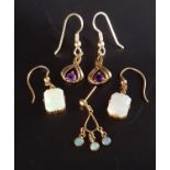 TWO PAIRS OF GEM SET DROP EARRINGS one opal pair and the other set with amethyst, both in unmarked