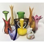 SELECTION OF COLOURFUL GLASS VASES of various sizes and designs including Chribska and cased glass