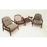 SET OF FOUR 1960s GREAVES & THOMAS STICK BACK ARMCHAIRS with an arched top rail sweeping down to the