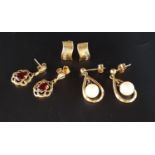 THREE PAIRS OF NINE CARAT GOLD EARRINGS comprising a pair of pearl set drop earrings, a pair of