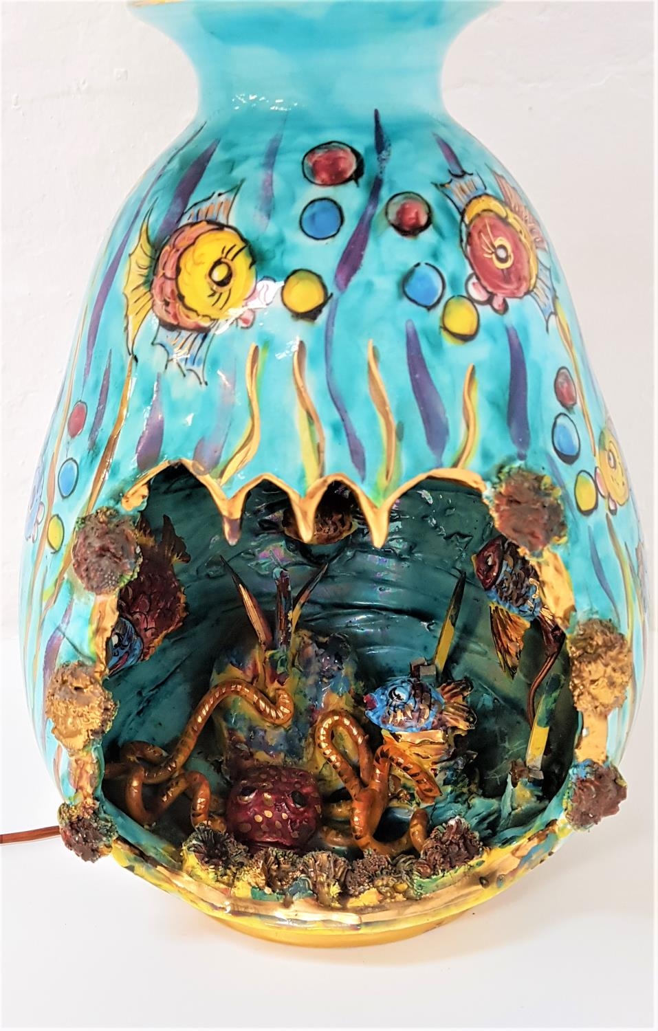 1960'S KERIMA GUALDOT POTTERY LAMP decorated in aquamarine blue with vibrant fish, with a cut out - Image 2 of 2