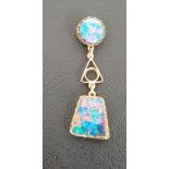 OPAL DOUBLET DROP PENDANT the circular and shaped opal doublets in unmarked gold setting, 4.2ch long