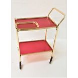 RETRO WOODMET HOSTESS TROLLEY in aluminium with two red tiers, on castors, 76cm high, together