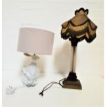 1930s TABLE LAMP with a square stepped brass base and cut glass column with a shaped shade, 57cm