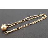 FIFTEEN CARAT GOLD ALBERT CHAIN with double chain section, hammered ball buttonhole and clip,
