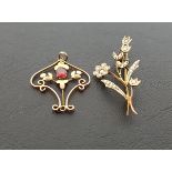 EDWARDIAN SEED PEARL SET FLORAL SPRAY BROOCH in nine carat gold, 4.2cm long; together with a red gem