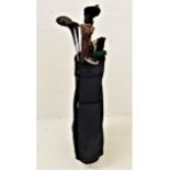 BEN SAYERS GOLF BAG WITH CLUBS the bag in blue nylon with four drivers, Leyland Rustless hickory