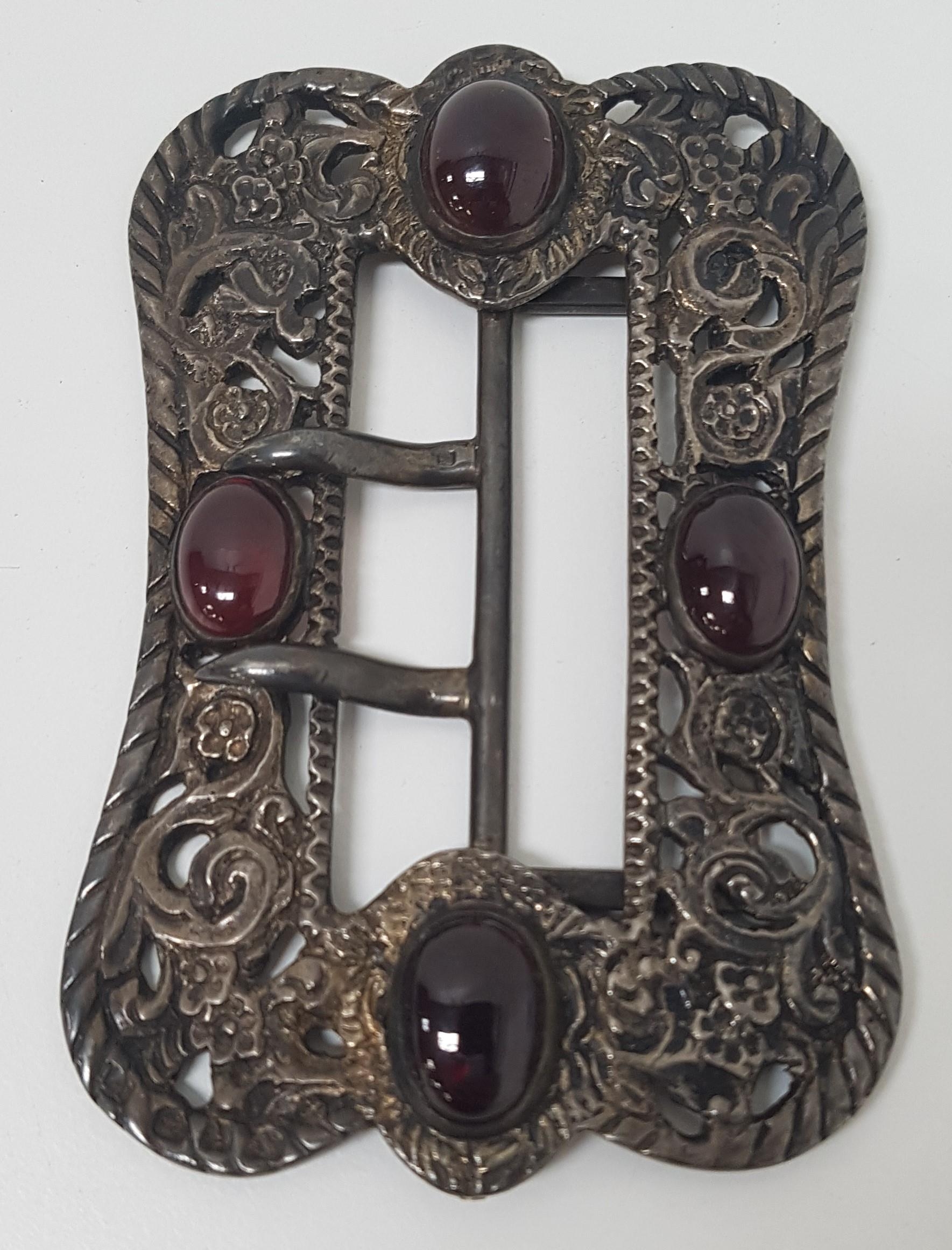 LATE VICTORIAN SILVER BELT BUCKLE with cabochon set stones to the decorative pierced and scrolled - Image 2 of 2