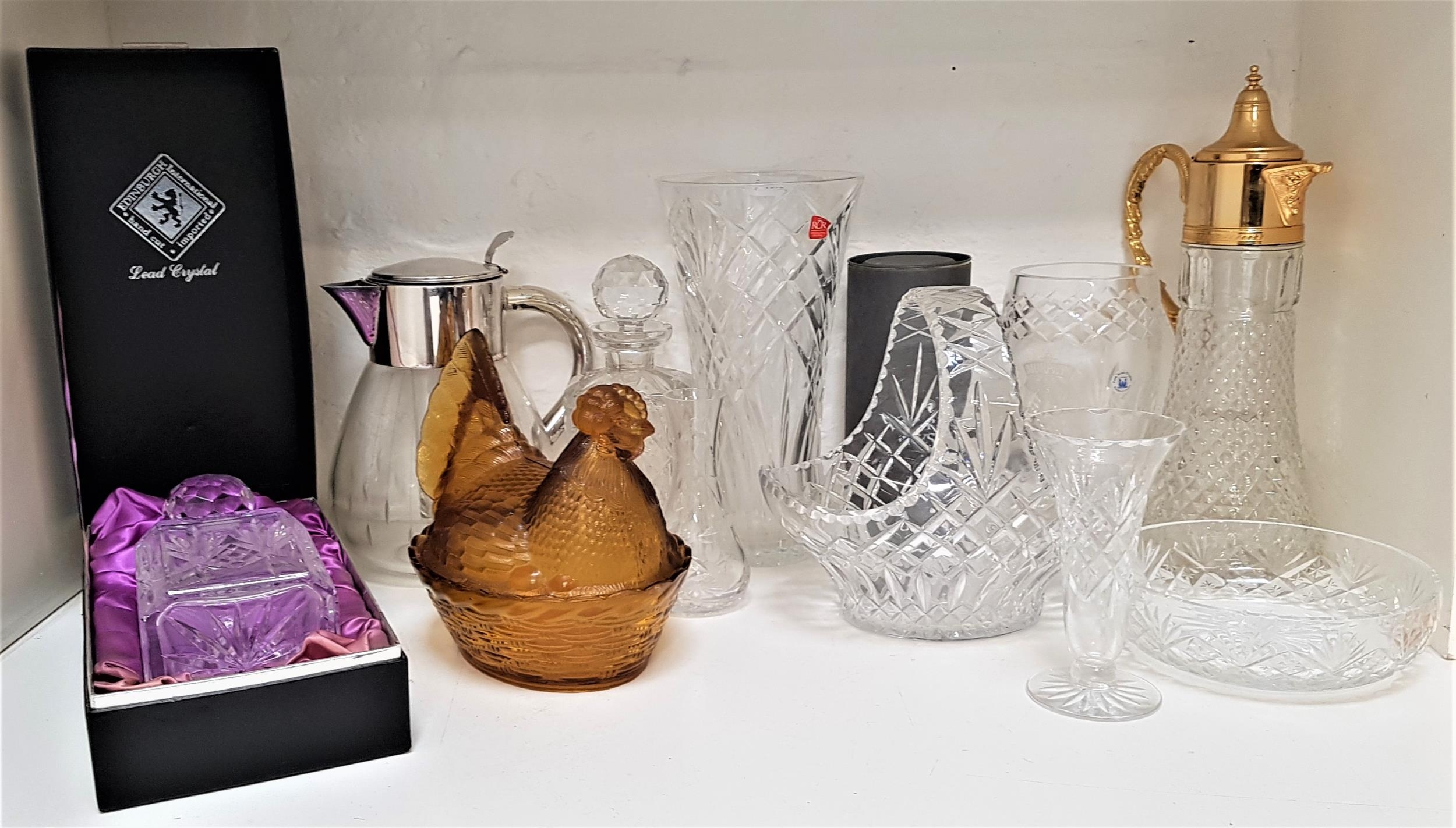 SELECTION OF GLASSWARE including a boxed Waterford crystal wine glass, a boxed Edinburgh crystal