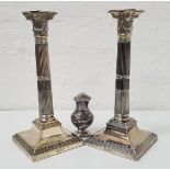 PAIR OF SILVER PLATED COLUMN CANDLESTICKS with decorative capitals and fluted columns, by Henry