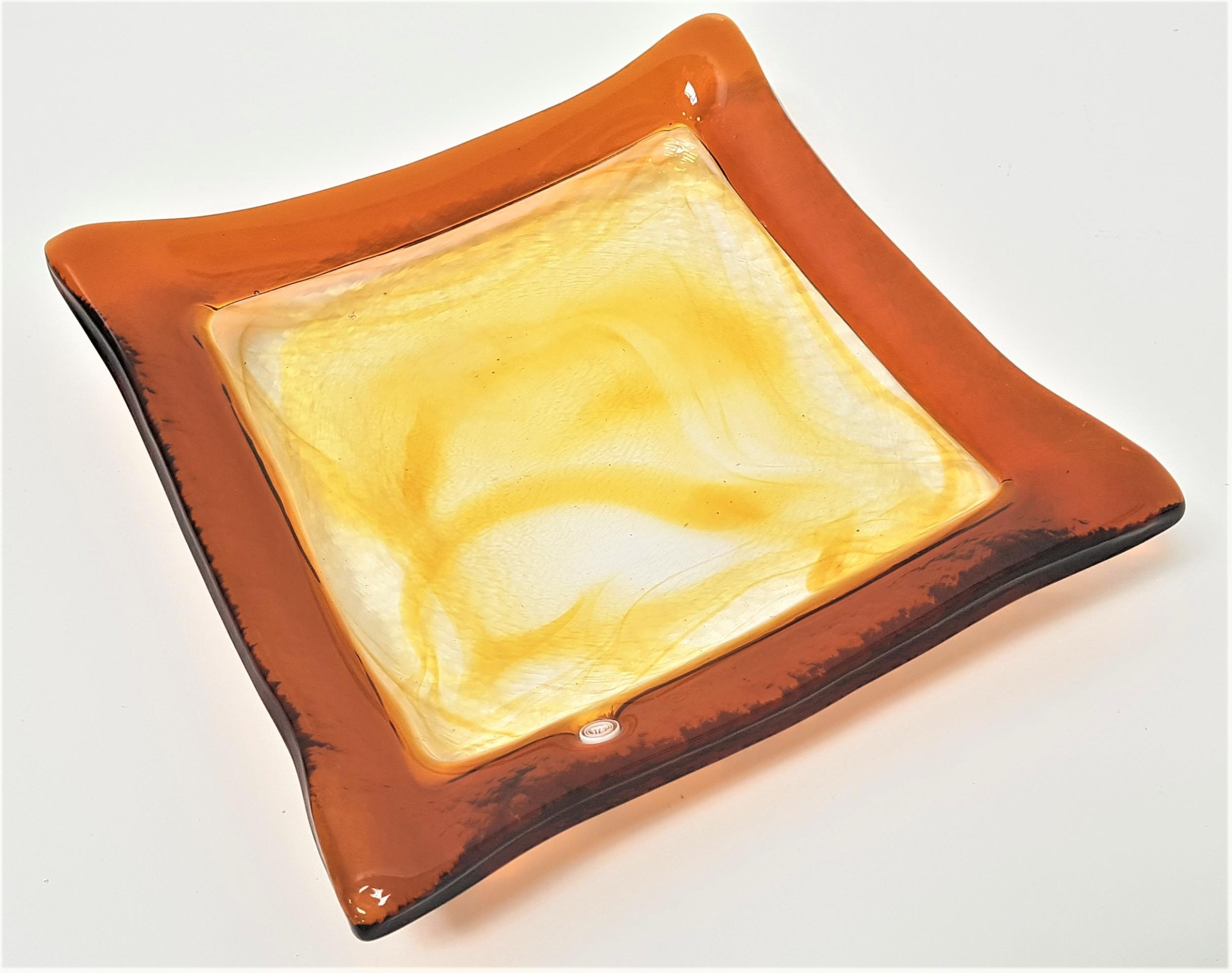 MURANO LA MURRINA SQUARE DISH with an orange border around a swirling pale yellow centre, 19cm