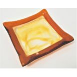 MURANO LA MURRINA SQUARE DISH with an orange border around a swirling pale yellow centre, 19cm