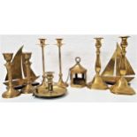 MIXED LOT OF BRASSWARE including three pairs of candlesticks, chamberstick, candle snuffer,