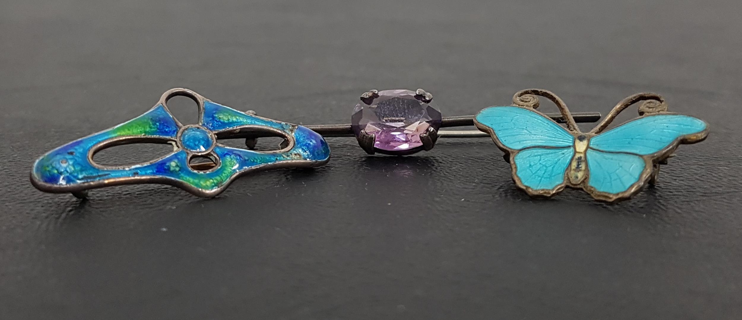 NORWEGIAN ENAMEL DECORATED BUTTERFLY BROOCH by K Hestenes, the wings with blue enamel decoration,