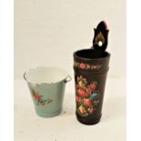 BARGE WARE ENAMEL BUCKET in powder blue and decorated with flowers, with a swing handle, 27.5cm