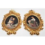 PAIR OF ITALIAN OVAL PIETRA DURA PICTURES depicting a lady with a tambourine and a man playing the