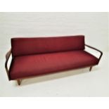 MID CENTURY TEAK DAY BED with shaped swept arms and textured covered folding back and seat, with