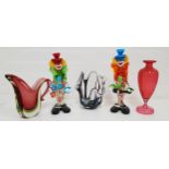 TWO MURANO GLASS CLOWNS one with a blue hat and gholding a guitar, 36cm high, the other with a red