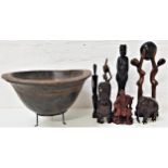 SELECTION OF CARVED WOOD ITEMS including three African figures, 33.5cm, 27.5cm and 25cm high, carved