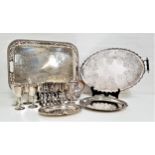 SELECTION OF SILVER PLATE comprising a large rectangular tray with a pierced border, an oval twin
