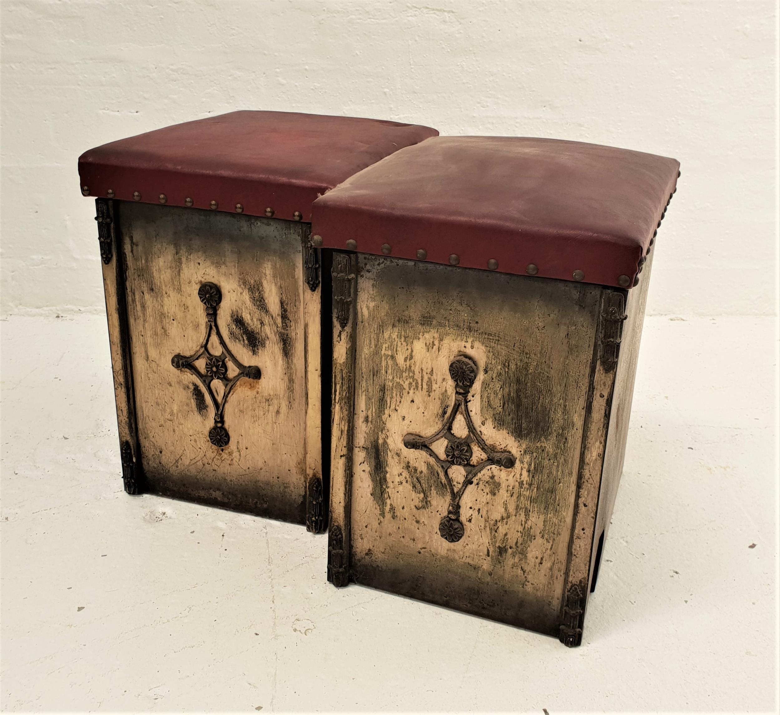 PAIR OF EDWARDIAN KINDLING BINS each with a padded lift up lid and one with a metal removable